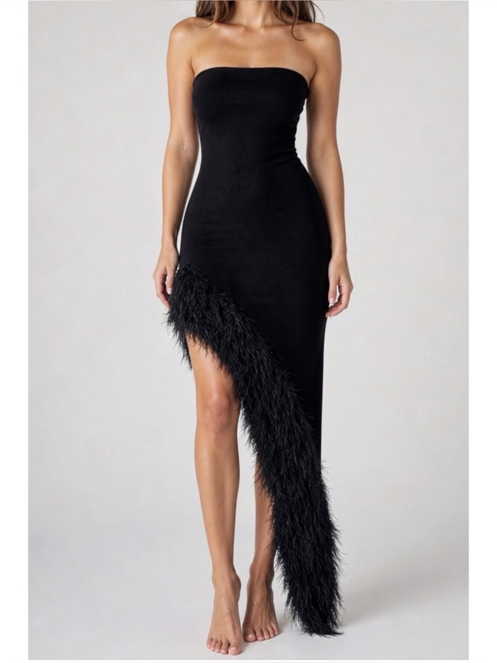 NBD Aubrey Asymmetrical Faux Fur Trim Strapless Dress, Black, XS
